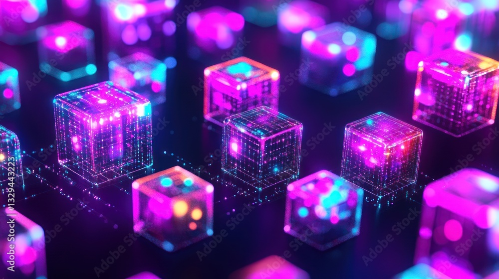 Poster abstract glowing cubes. hypothetical technology. background dark digital space. potential use digita