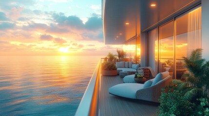 Luxurious oceanfront balcony at sunset