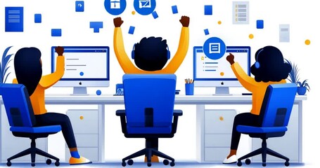 Diverse team celebrating success, modern office setting, high-tech productivity - Powered by Adobe