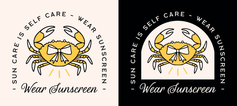 Wear sunscreen quote sun care is self care spf uv protection kids girl coastal summer retro preppy aesthetic. Beach natural skincare logo black yellow crab illustration for badge sticker shirt design.