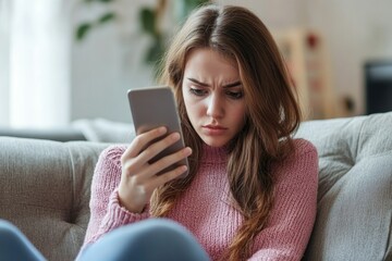 Frustrated Young Woman on Couch Struggling with Smartphone Issues, Displeased by Bad News on Screen