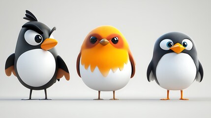 Fototapeta premium Grumpy Birds: A 3D Render of Cartoon Penguin, Robin, and Crow Characters AI Generated