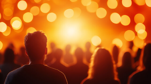 Audience watching vibrant performance with warm lights and bokeh effects, creating inspiring atmosphere