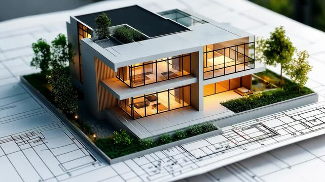 3D illustration of a building on architectural design blueprints paper. Building model construction architectural concept	