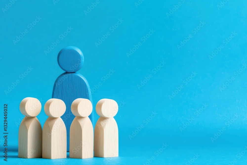 Poster blue wooden figures representing teamwork and hierarchical structure on a solid background