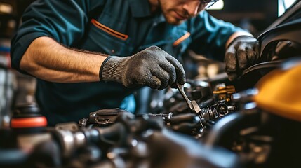 Side profile of a mechanic inspecting an engine, with grease-stained hands holding a socket wrench
