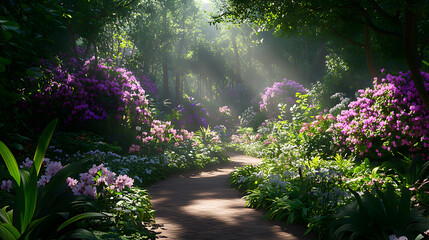 Fototapeta premium Serene pathway meandering through a beautiful garden surrounded by flourishing plants and flowers inviting visitors to explore nature.