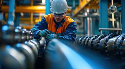 Worker in safety gear working with industrial machinery on site