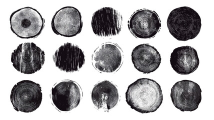 The image contains twenty-four circular shapes rendered in grayscale.  The circles display varying degrees of darkness and texture, suggesting an ink or paint application. The textures within the