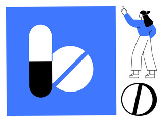 Black and white capsule with half tablet in contrast against blue background, woman gesturing upward. Ideal for healthcare, pharmacy, medicine, wellness, treatment, technology communication. Flat