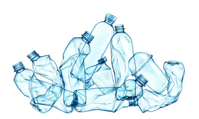 Watercolor pile of plastic. Blue plastic cups, transparent bottles arrangement for ecology posters, environment protection, save the ocean, Earth day posters, web.Stop Plastic pollution banner. 