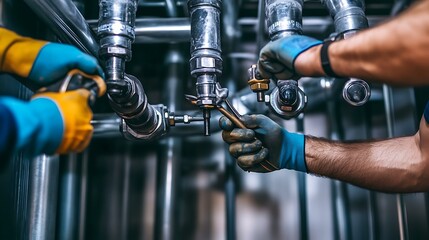 A team of plumbers collaborating on a commercial plumbing project, each holding different tools, with pipes running across the ceiling