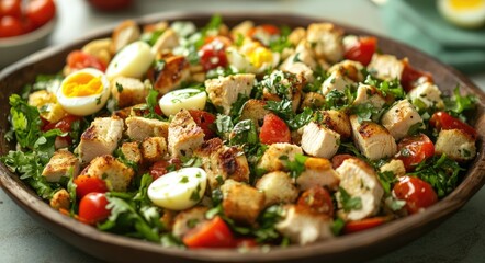 Vibrant Mediterranean Chicken Salad with Crisp Greens, Juicy Grilled Chicken, Fresh Tomatoes, and Flavorful Croutons