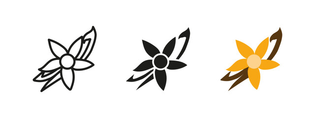 Vanilla flower icon. Elegant blooming vanilla flower with yellow petals vector illustration. Fragrant plant symbol. Essential spice ingredient pictogram. Aromatic and sweet herb concept for cooking.