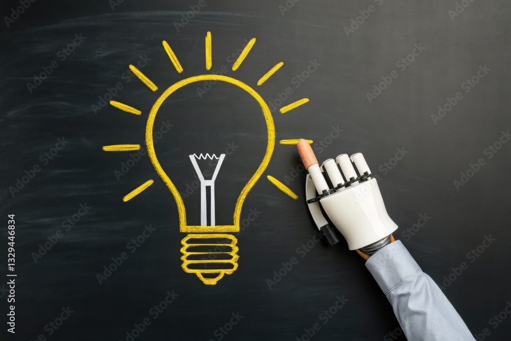 Poster ai agentic. robot hand drawing a lightbulb on a blackboard, symbolizing creativity and innovation.