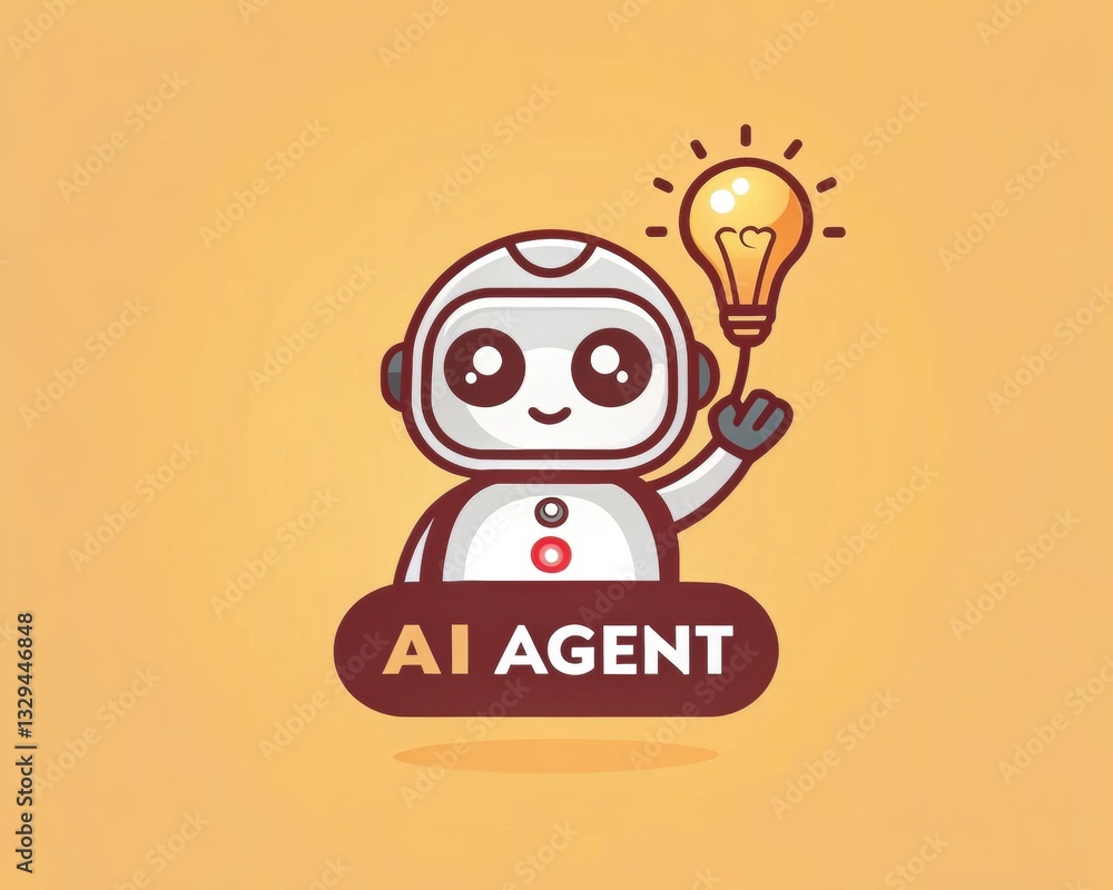 Poster ai agentic. cheerful robot character holding a light bulb, symbolizing creativity and innovation in 