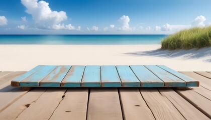 Peaceful beach with wooden boardwalk overlooking the ocean