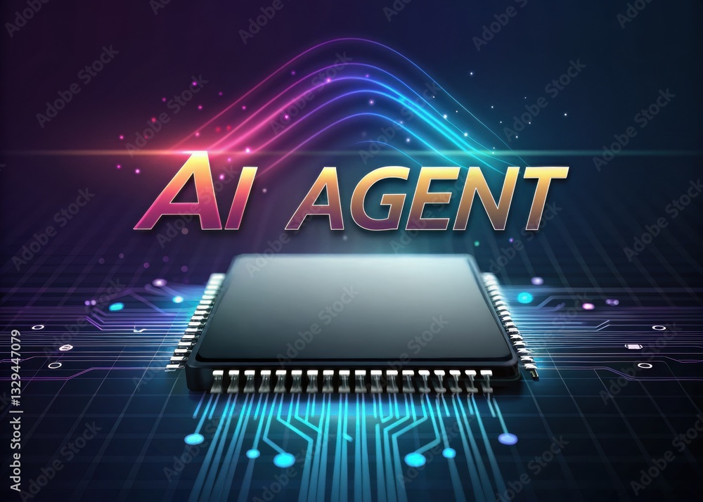 Poster ai agentic. futuristic graphic featuring a microchip and the text 