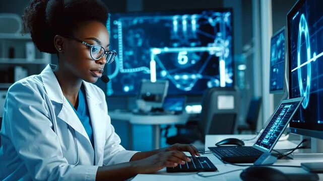 Wissenschaftlerin arbeitet an futuristischem Computerbildschirm