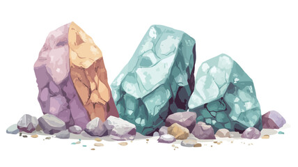 Digital illustration depicting three large, irregularly shaped rocks in pastel colors:  light purple, pale orange/yellow, and teal/aqua. The rocks are positioned slightly overlapping, creating a