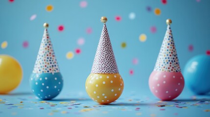 Happy work anniversary celebration with balloons and party hats