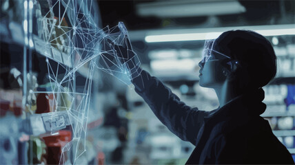 The image shows a woman wearing protective glasses, interacting with a holographic or augmented reality interface overlaid on a supermarket shelf. The interface appears as a blue-toned, translucent