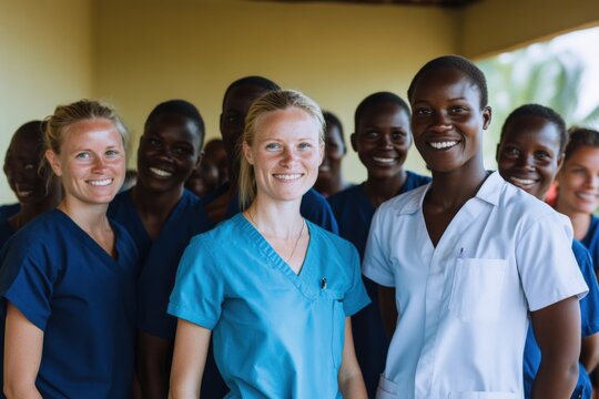 Multi ethnic group of nurses together in a healthcare setting Generative AI