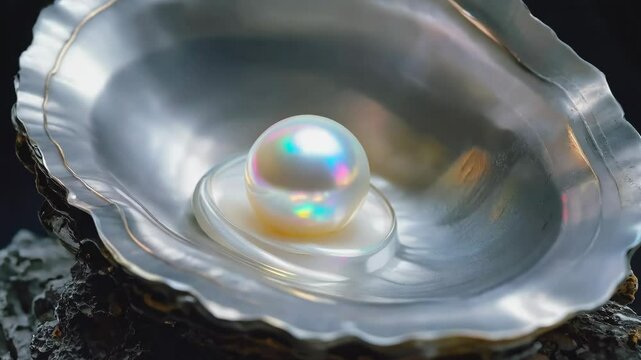 Luminous pearl transformation inside oceanic shell: captivating sparkling surface and reflective abalone interior underwater scene