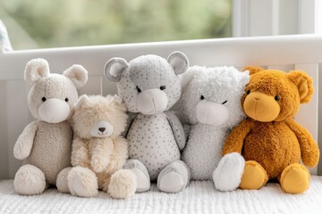 Nursery corner featuring soft toys in a white crib setting Generative AI