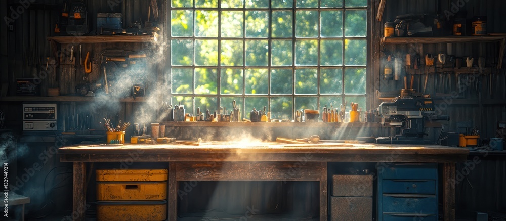 Poster sunlight streams into a rustic workshop filled with tools and wood working equipment.