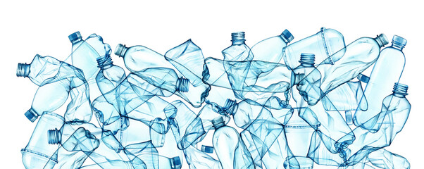 Watercolor pile of plastic. Horizontal arrangement for environmental banners. Plastic cups, transparent bottles for ecology posters, stop pollution, save the ocean, Earth day posters, web