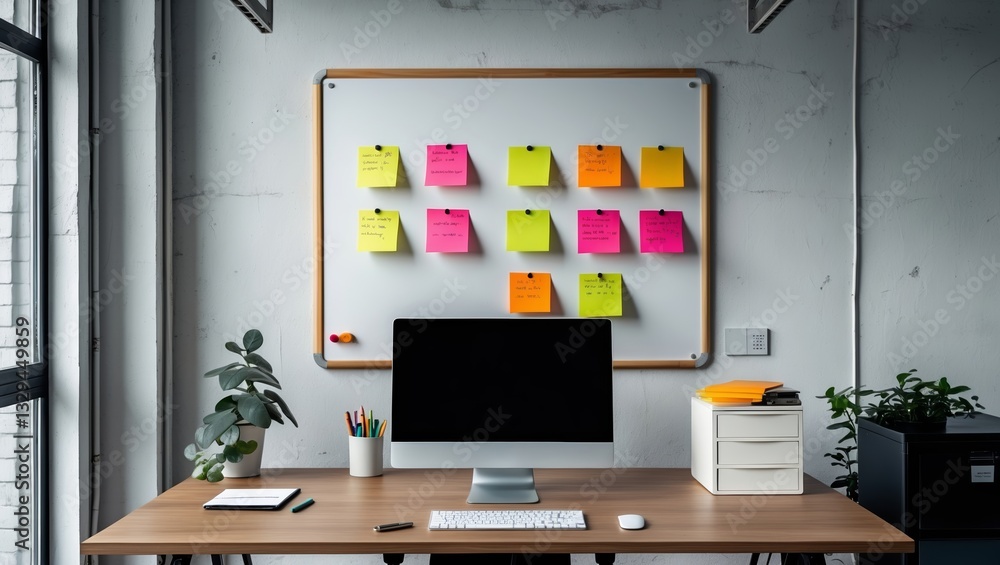 Poster workspace with sticky notes on board and computer setup during daylight