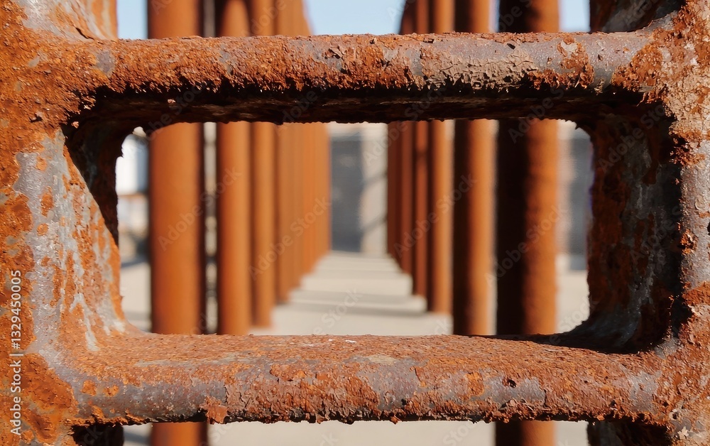 Poster close up of rusted metal structure with rectangular opening and blurred background