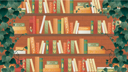 books on shelf, Cozy Hygge library 