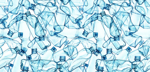 Watercolor seamless pattern with plastic. Light blue color. Plastic cups, transparent bottles for ecology posters, stop pollution, save the ocean, Earth day posters. Repeat motif for web and banners