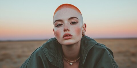Expressive portrait of a bold young woman with shaved orange hair, natural freckles and intense gaze, standing in a wild field, outdoor beauty concept, copy space