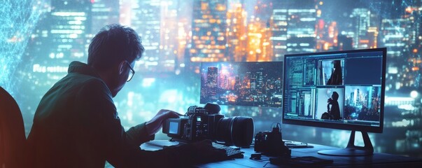 A person working on video production with city background