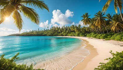 Fototapeta premium Tropical beach paradise with palm trees and turquoise waters