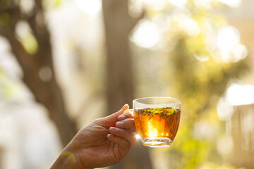 Women hand holding hot lemon tea against nature background, very healthy drink