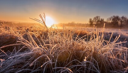 Fototapeta premium Mesmerizing shot of frost-covered grass at sunrise, with each ice crystal catching the early morning light, creating a sparkling, serene scene. 
