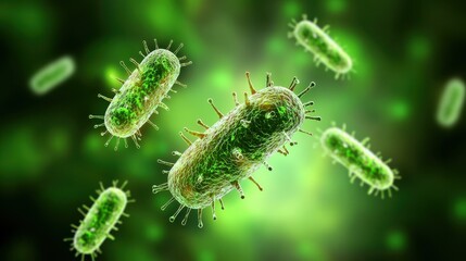 Fototapeta premium Microorganisms floating in a green, glowing environment.