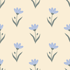 Seamless floral pattern with blue flowers on beige background. Simple floral background in pastel colors, wallpaper.