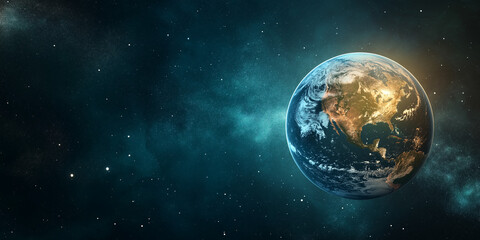 Obraz premium A breathtaking view of Earth from space, glowing in shades of blue and green, symbolizing unity and care for our shared home, with empty space on the right for text