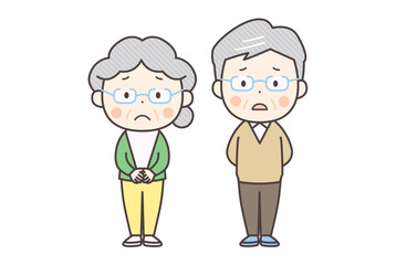 困り顔のシニア夫婦の全身イラスト
