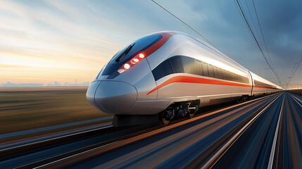 Naklejka premium A sleek high-speed train with a streamlined design races along tracks at sunset with a blurred motion effect creating a sense of speed and power 