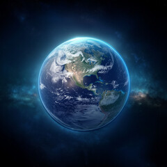 Fototapeta premium A breathtaking view of Earth from space, glowing in shades of blue and green, symbolizing unity and care for our shared home