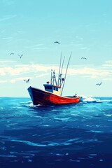 Fototapeta premium Cartoon Illustration of a Playful Fishing Boat Engaged in a Comical Theft on the Sparkling Blue Sea