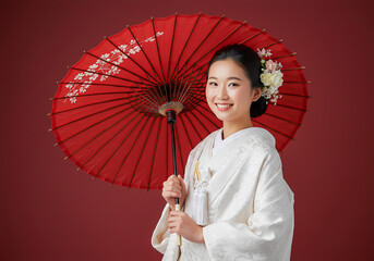 A Japanese bride wearing a white kimono- traditional attire