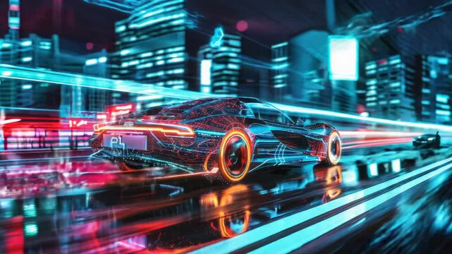 Futuristic sport car, non existent design, car race, defocused city in background,