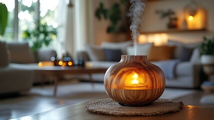 Aromatic wooden diffuser emitting mist in a serene home setting with soft lighting creating calming ambiance.